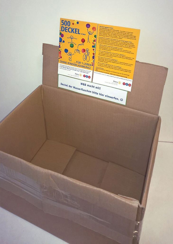 Deckel gegen Polio Spendenaktion 2016: leerer Karton zu Beginn der Aktion